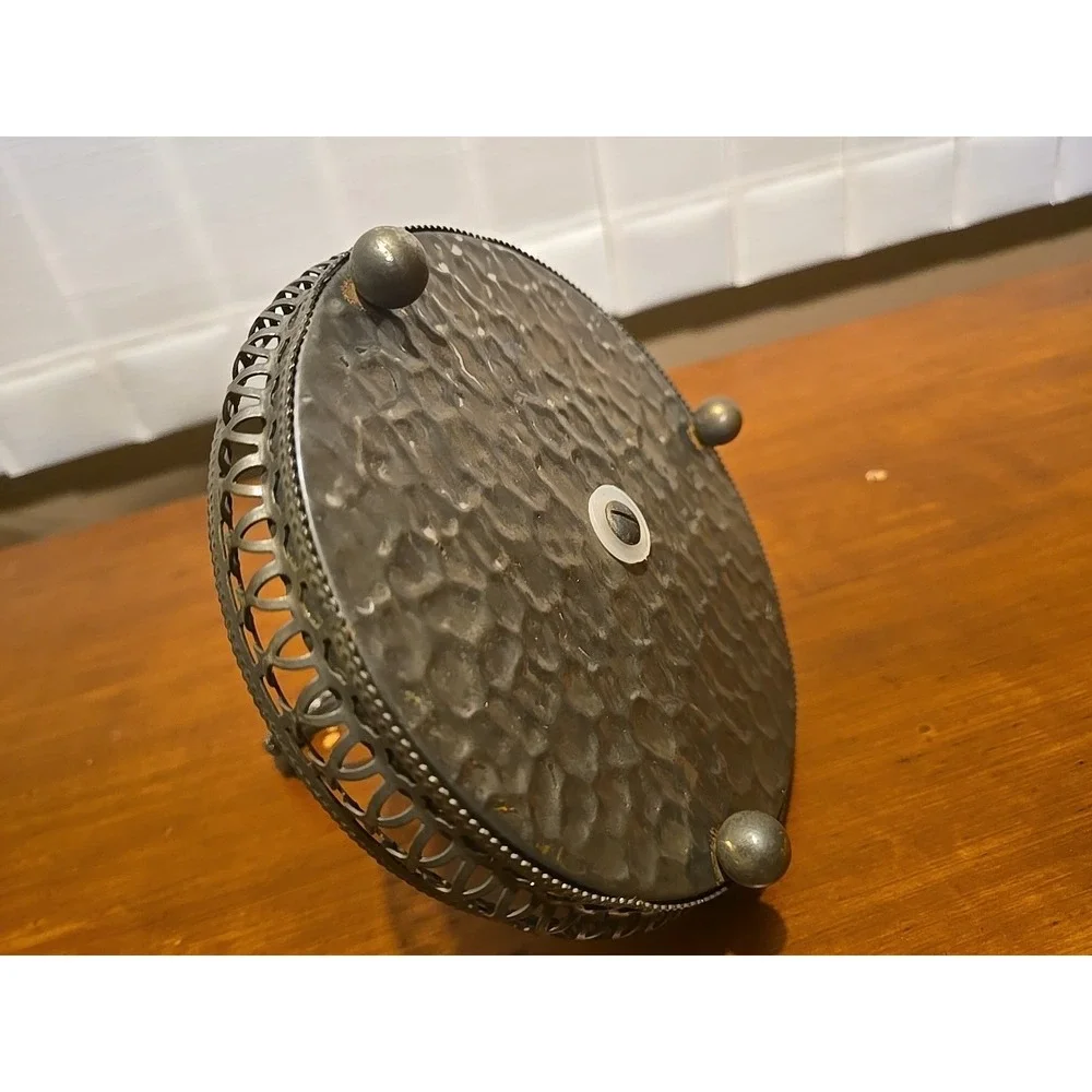 Vintage round holder bottles barware Dresser tray dish hammered table silvertone
